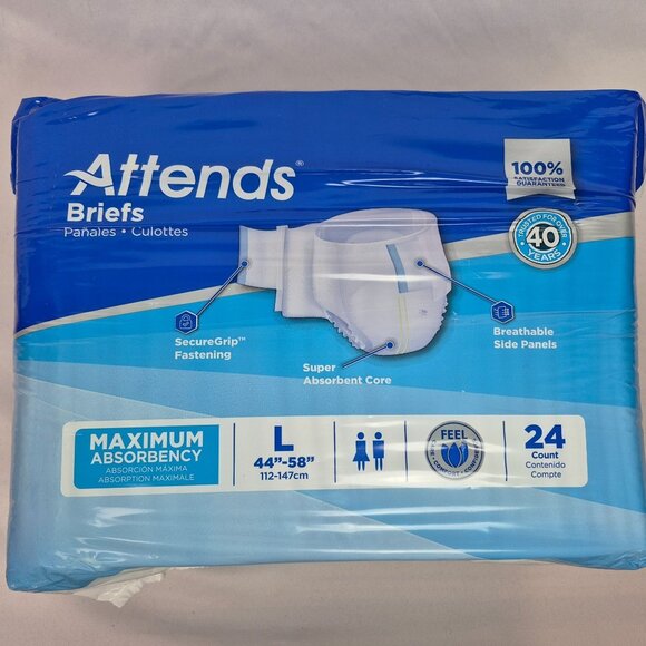Attends Incontinence Briefs Men's/Women's Size Large 24ct Maximum Absorbency NEW - Picture 1 of 6